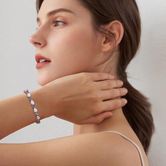 Sterling Silver Opal Birthstone Tennis Bolo Bracelet for Women with Adjustable F - Picture 2 of 8